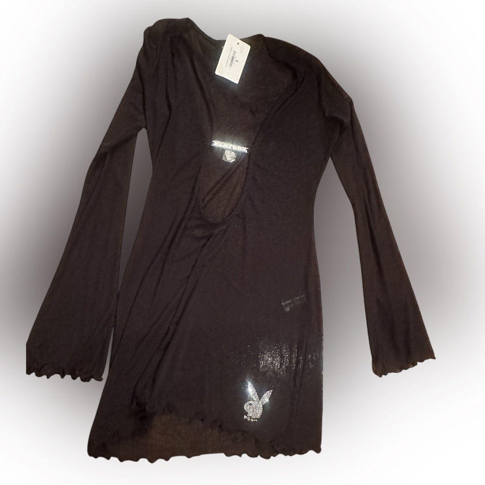 PLAYBOY Black Sheer Long-Sleeve Top/swim cover up with Rhinestone Bunny nwt XS